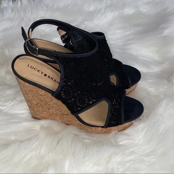 Lucky Brand Black Wedge Sandals with Lace Detail - Picture 3 of 10
